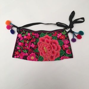 BOHO FLORAL EMBROIDERED bag festival pom poms